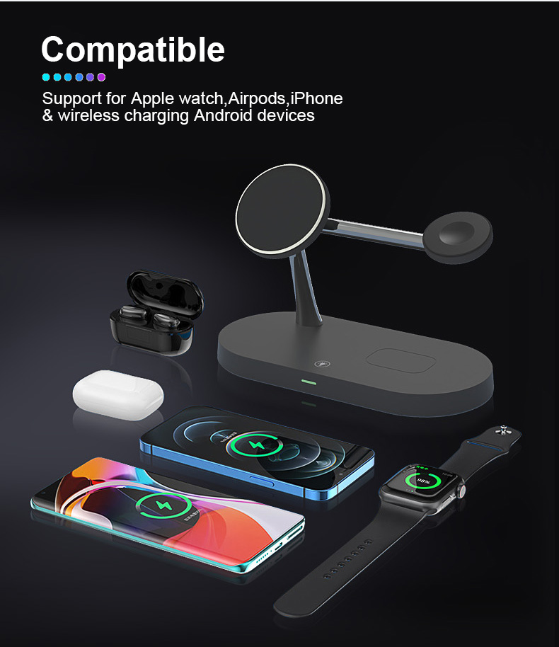 T268 4 in 1 Qi 15W Wireless Charger Fast Charging Stand for iPhone 12 Apple Watch AirPods Magsafe Charger - Black-10