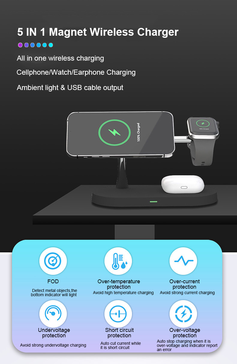 T268 4 in 1 Qi 15W Wireless Charger Fast Charging Stand for iPhone 12 Apple Watch AirPods Magsafe Charger - Black-2