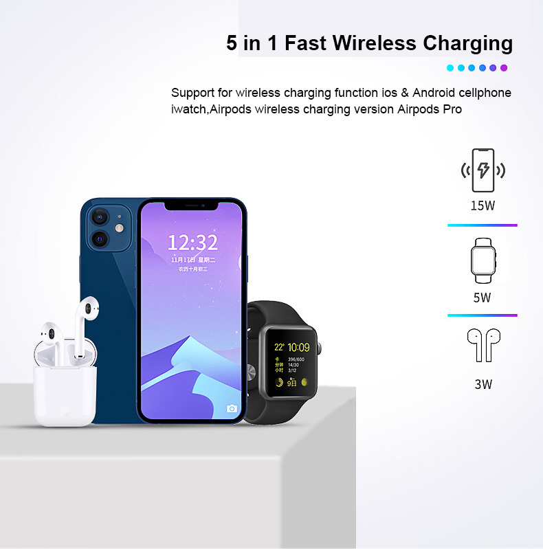 T268 4 in 1 Qi 15W Wireless Charger Fast Charging Stand for iPhone 12 Apple Watch AirPods Magsafe Charger - Black-3
