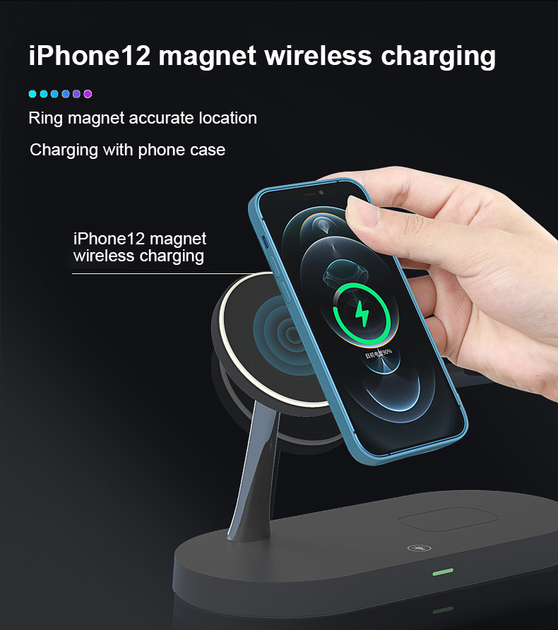 T268 4 in 1 Qi 15W Wireless Charger Fast Charging Stand for iPhone 12 Apple Watch AirPods Magsafe Charger - Black-4