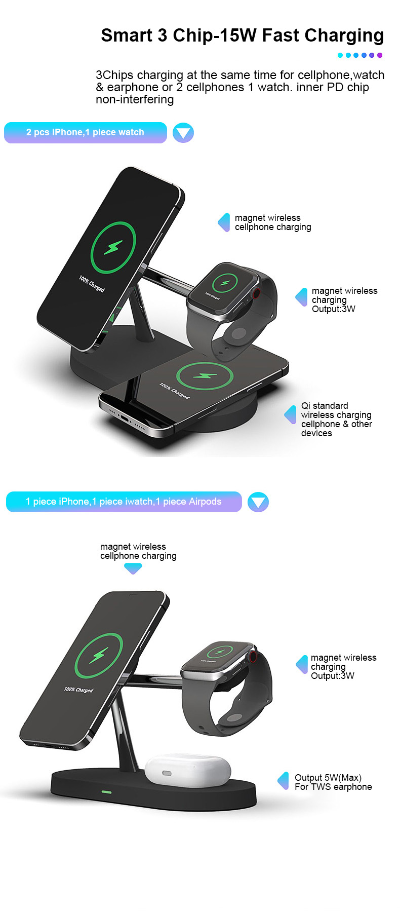 T268 4 in 1 Qi 15W Wireless Charger Fast Charging Stand for iPhone 12 Apple Watch AirPods Magsafe Charger - Black-5