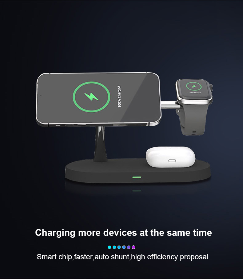 T268 4 in 1 Qi 15W Wireless Charger Fast Charging Stand for iPhone 12 Apple Watch AirPods Magsafe Charger - Black-6