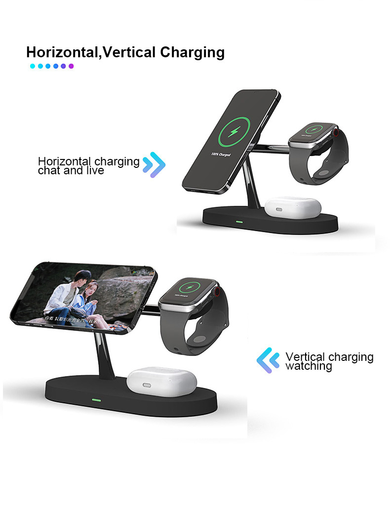 T268 4 in 1 Qi 15W Wireless Charger Fast Charging Stand for iPhone 12 Apple Watch AirPods Magsafe Charger - Black-7