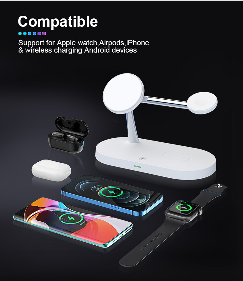 T268 4 In 1 QI 15W Drahtloser Ladegerät Fast Ladeständer Für IPhone 12 Apple Watch Airpods Magsafe Ladegerät - Weiß-10
