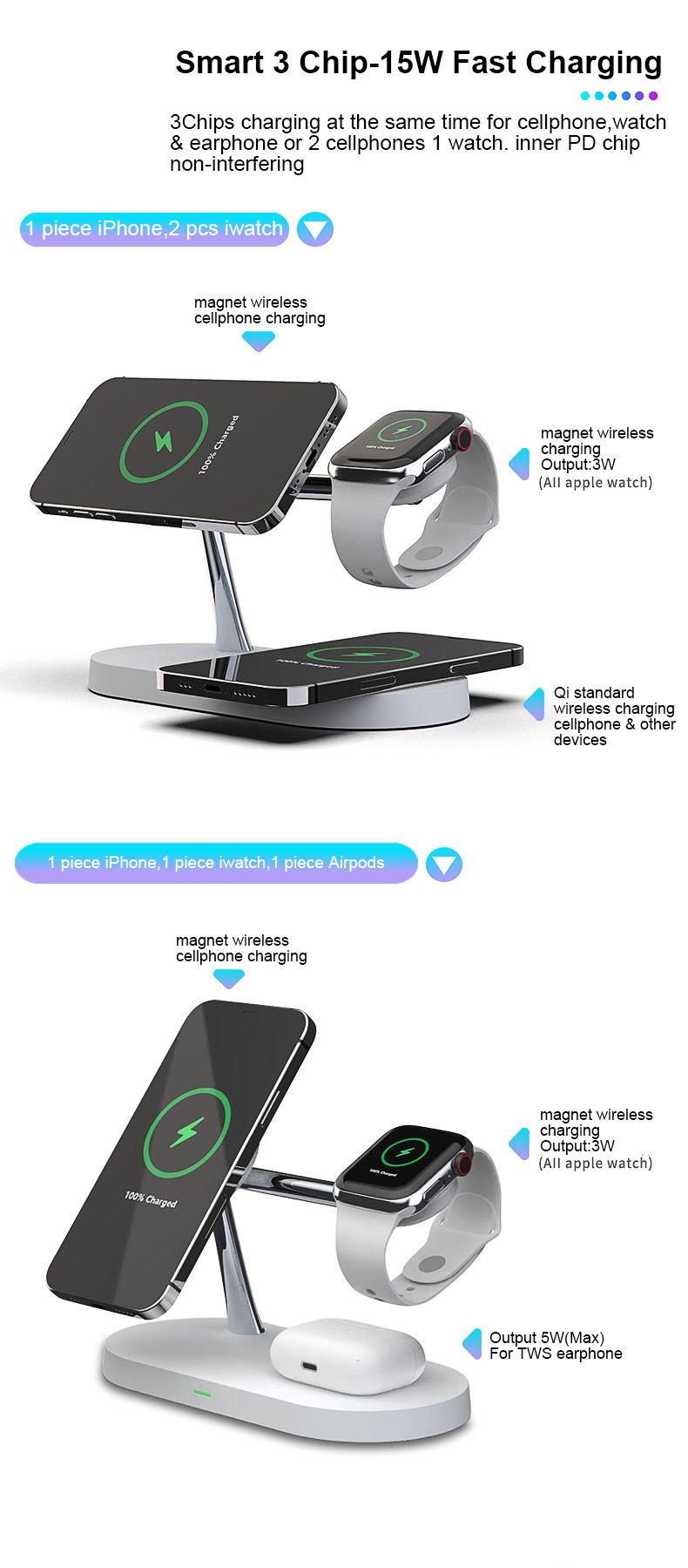 T268 4 In 1 QI 15W Drahtloser Ladegerät Fast Ladeständer Für IPhone 12 Apple Watch Airpods Magsafe Ladegerät - Weiß-5
