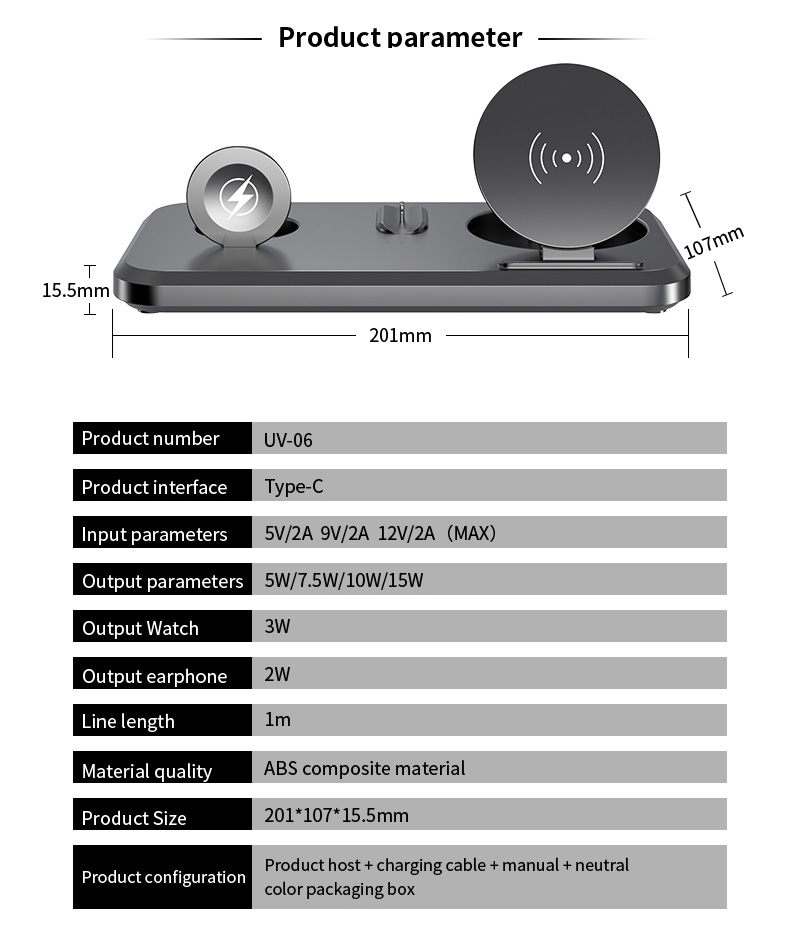 UV-06 3 En 1 15W Cargador Inalámbrico Qi Plegable Qi Fast Charging Stand Dock Para IPhone Samsung Iwatch AirPods