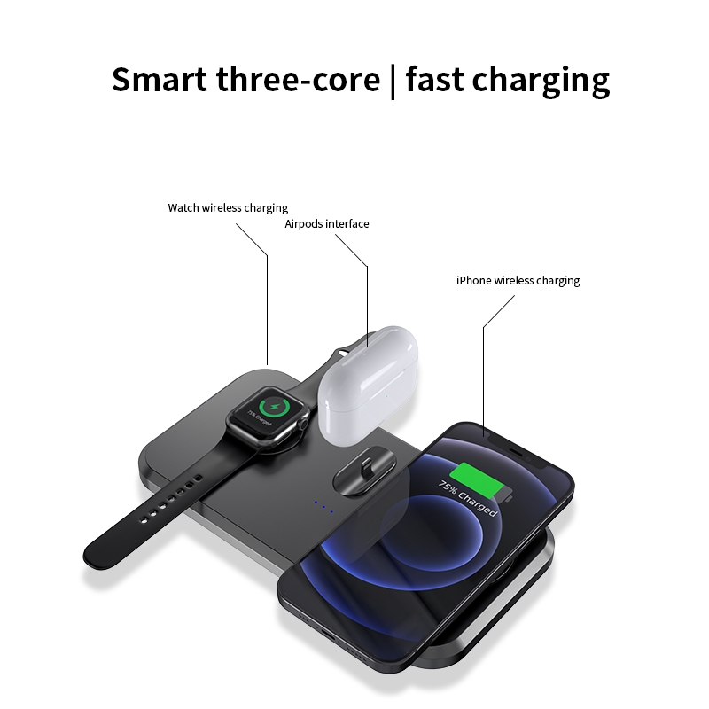 UV-06 3 En 1 15W Cargador Inalámbrico Qi Plegable Qi Fast Charging Stand Dock Para IPhone Samsung Iwatch AirPods