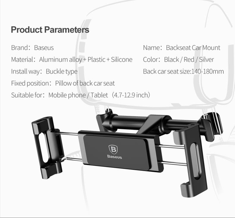 Baseus Auto Auto-Kopfstützenhalterung-Halterung Verstellbarer Rücksitz-Telefonhalter Kompatibel Mit 4,2-12.9 "Mobiltelefone / Tablets - Schwarz