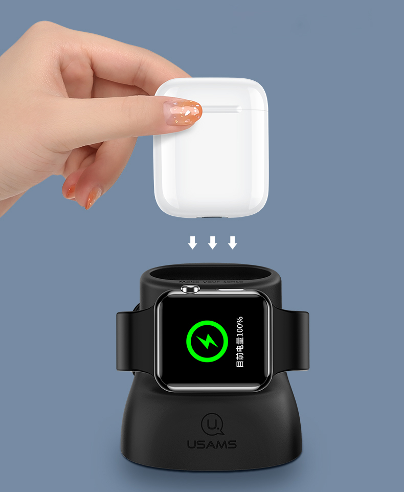 USAMS US-ZJ051 2-в-1 Силиконовая Зарядка Подставка Для Apple Watches Airpods - Черный