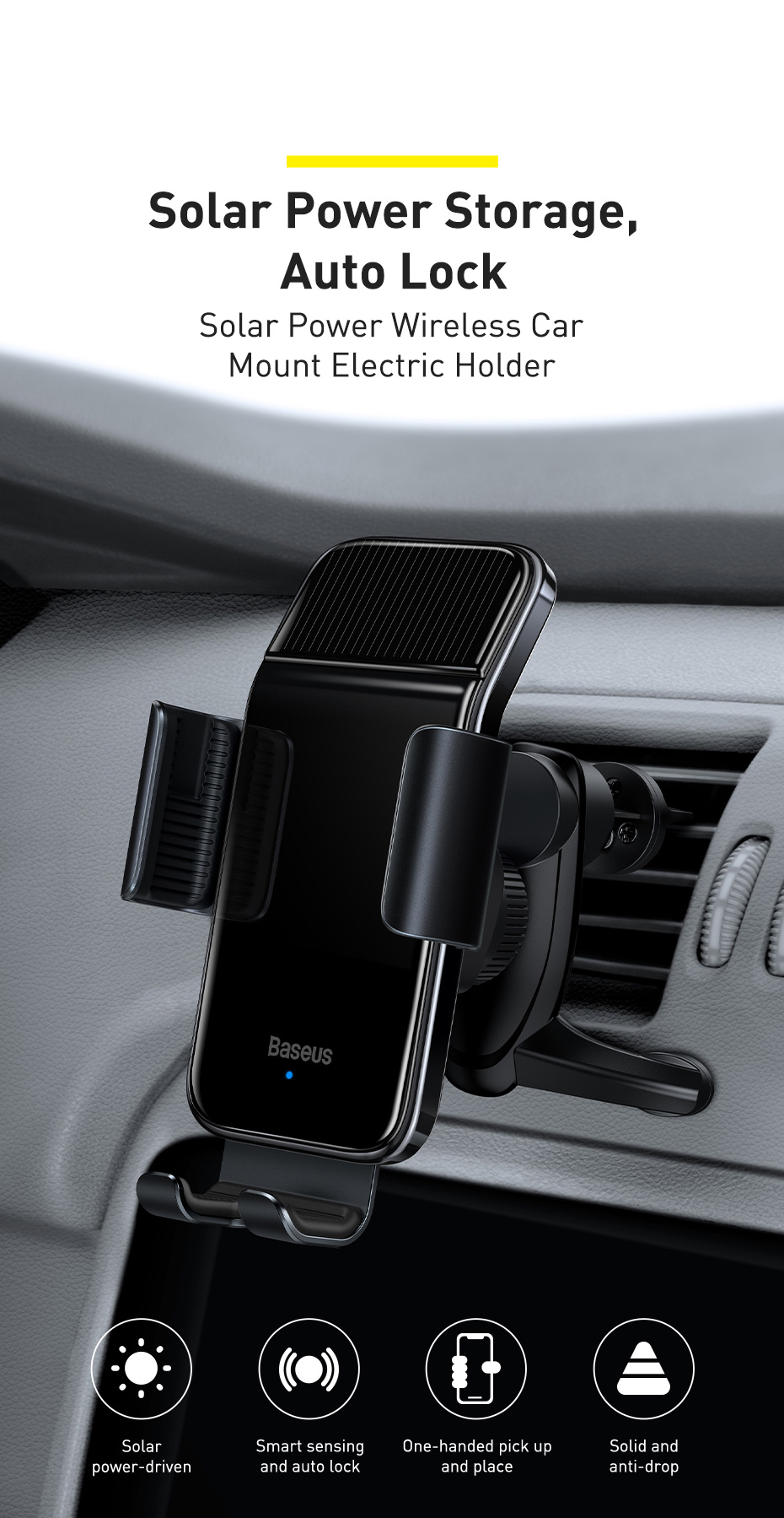 Baseus T-Space Elektrische Auto Telefoonhouder - Zonne-energie - Zwart - Automatische Klemming - Voor Dashboard & Voorruit