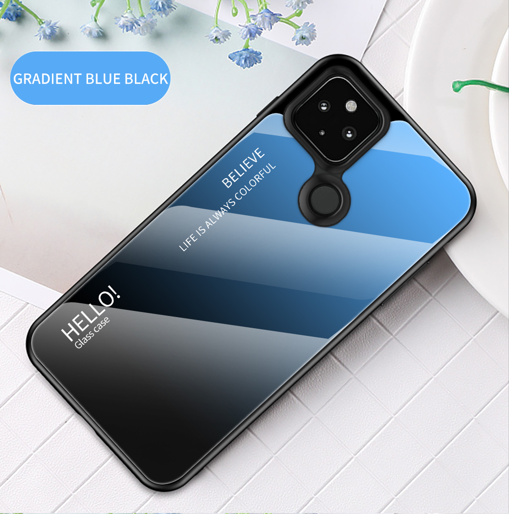 Funda De Teléfono De Cristal Templado De Gradiente Delgado Ligero Para Google Pixel 4A 5G - Azul Negro