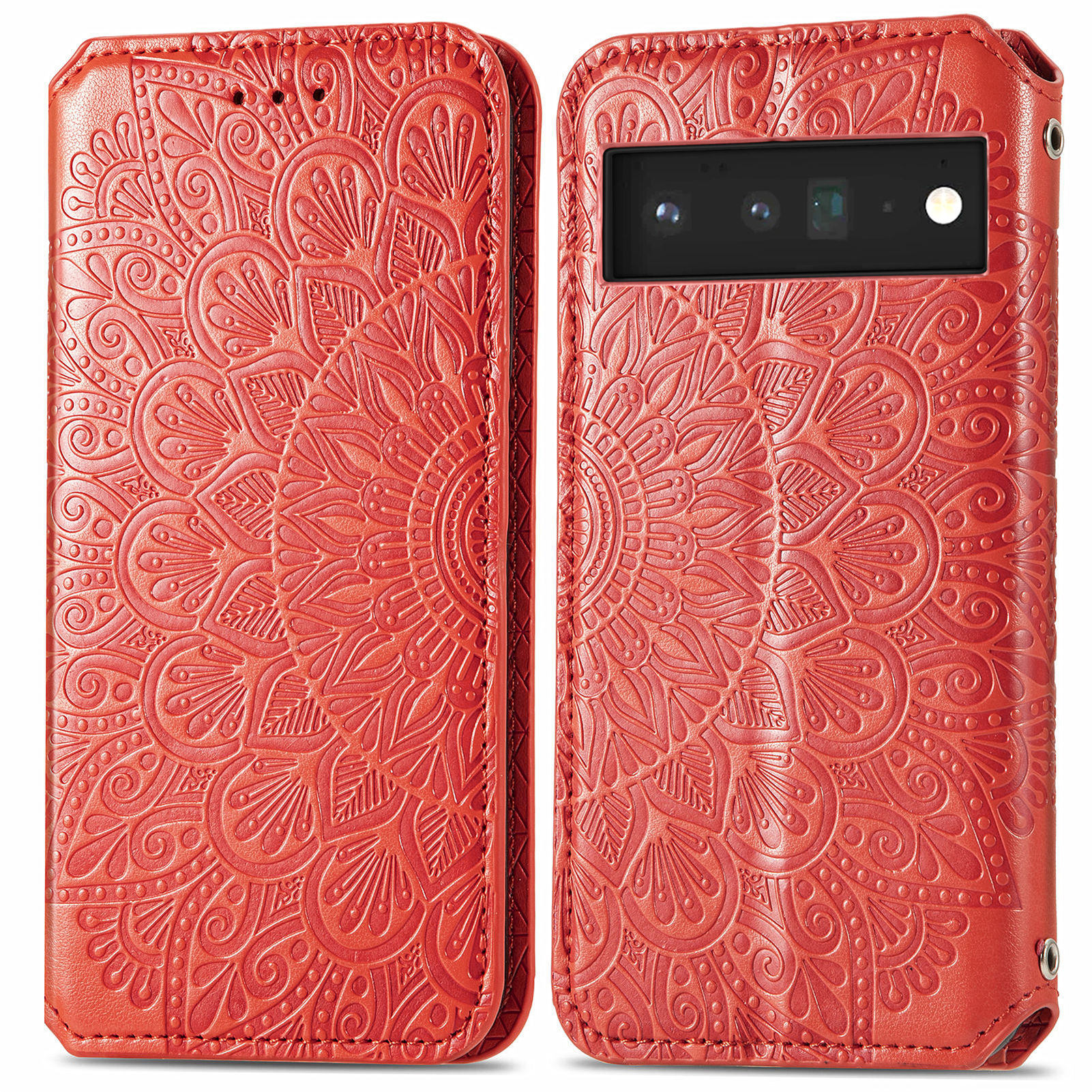 Magnetic PU Leather+TPU Auto-absorbed Mandala Flower Pattern Imprinted Wallet Stand Flip Cover for Google Pixel 6 - Red-1