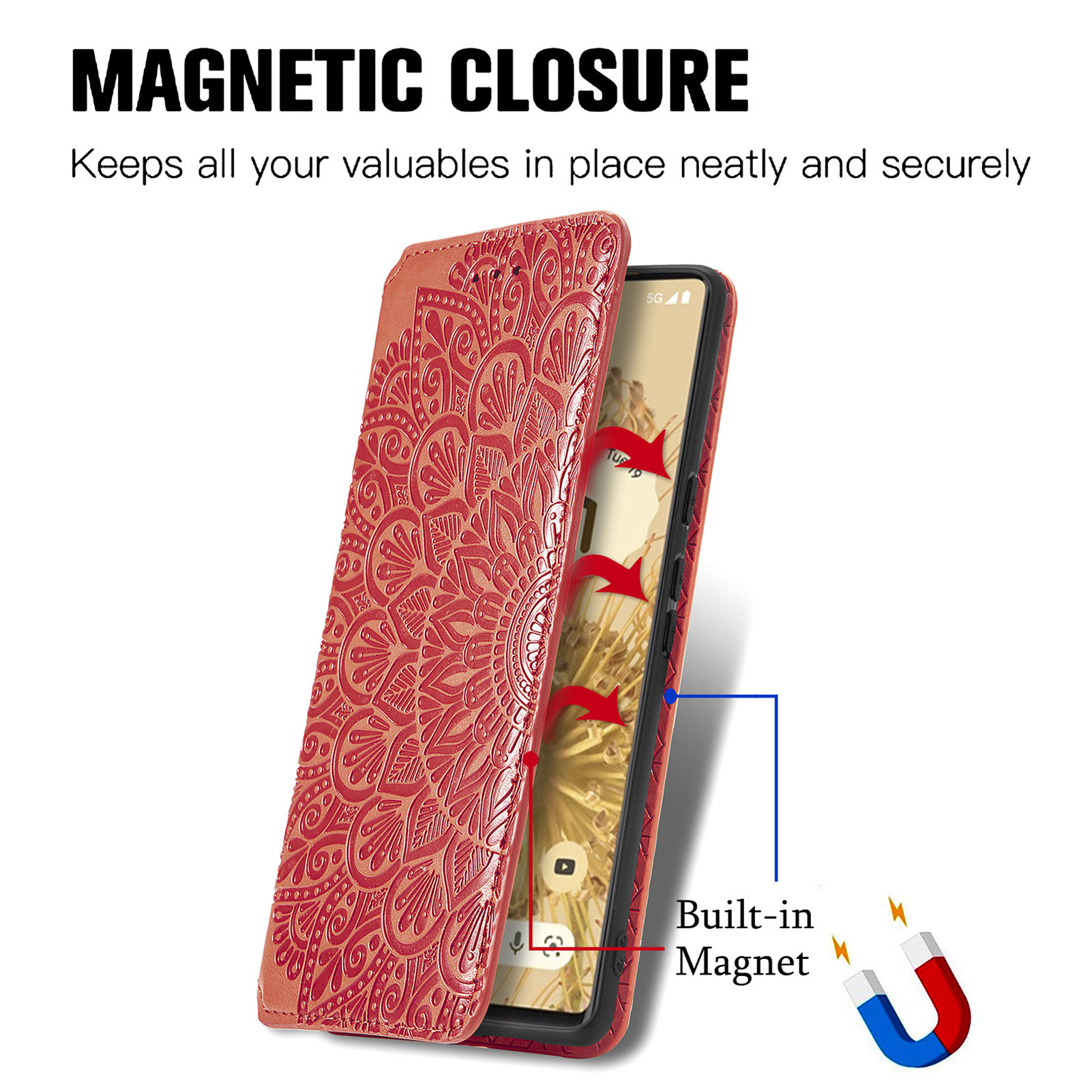Magnetic PU Leather+TPU Auto-absorbed Mandala Flower Pattern Imprinted Wallet Stand Flip Cover for Google Pixel 6 - Red-6