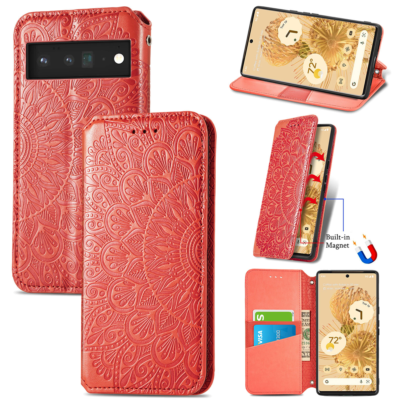 Magnetic PU Leather+TPU Auto-absorbed Mandala Flower Pattern Imprinted Wallet Stand Flip Cover for Google Pixel 6 - Red-7