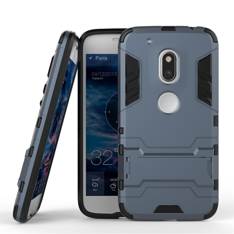 PC TPU Hybrid Back Cover for Motorola Moto G4 Play with Kickstand - Dark Blue-2
