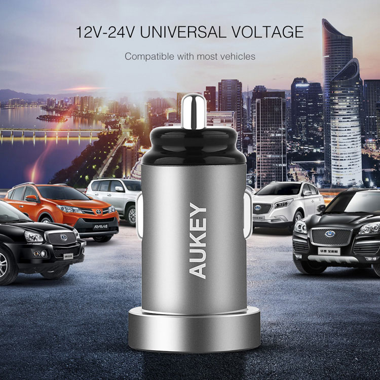 AUKEY CC-S7 Dual USB Car Charger Universal Mini Car-Charger 4.8A Fast Car Charger for iPhone Xiaomi Huawei Etc. - Grey-1