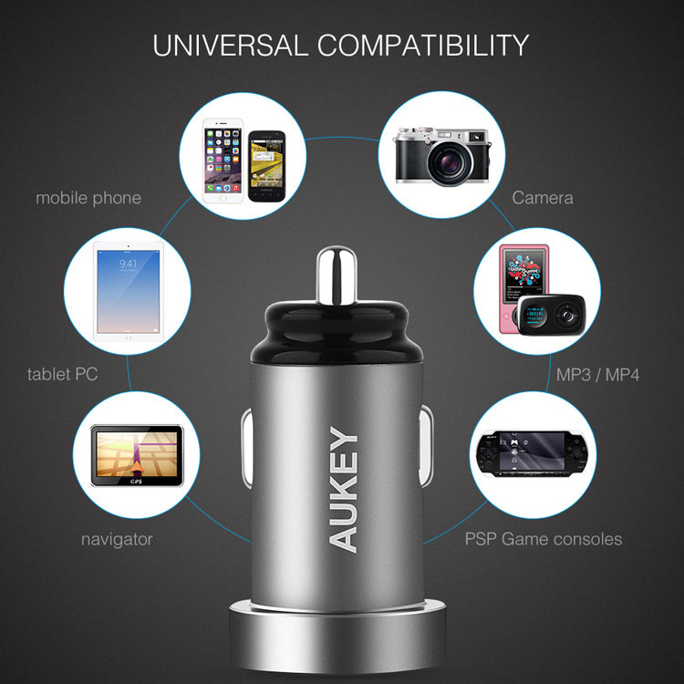AUKEY CC-S7 Dual USB Car Charger Universal Mini Car-Charger 4.8A Fast Car Charger for iPhone Xiaomi Huawei Etc. - Grey-10