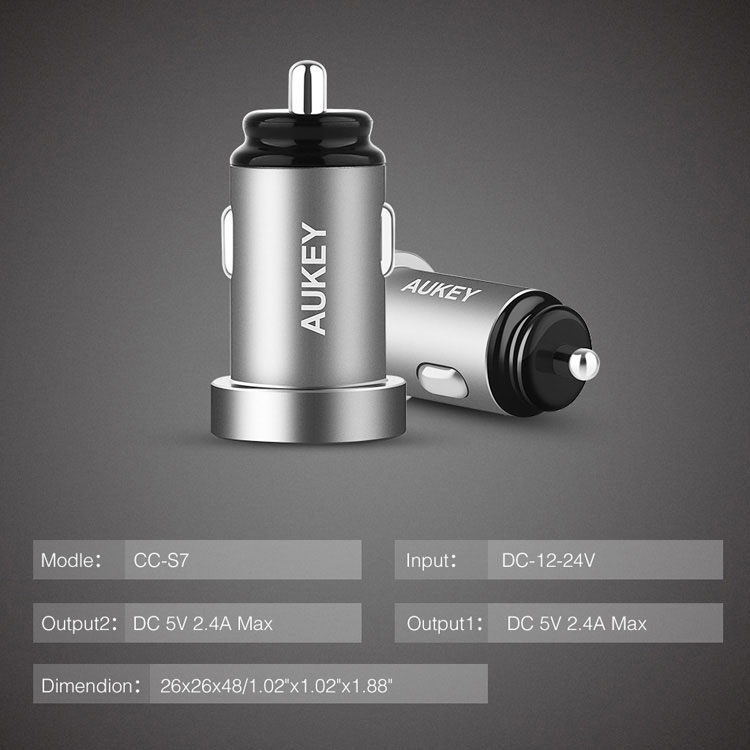 AUKEY CC-S7 Dual USB Car Charger Universal Mini Car-Charger 4.8A Fast Car Charger for iPhone Xiaomi Huawei Etc. - Grey-11