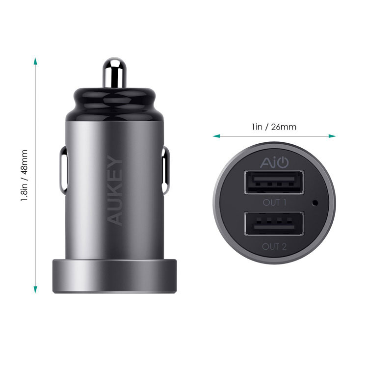 AUKEY CC-S7 Dual USB Car Charger Universal Mini Car-Charger 4.8A Fast Car Charger for iPhone Xiaomi Huawei Etc. - Grey-12