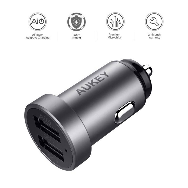 AUKEY CC-S7 Dual USB Car Charger Universal Mini Car-Charger 4.8A Fast Car Charger for iPhone Xiaomi Huawei Etc. - Grey-2