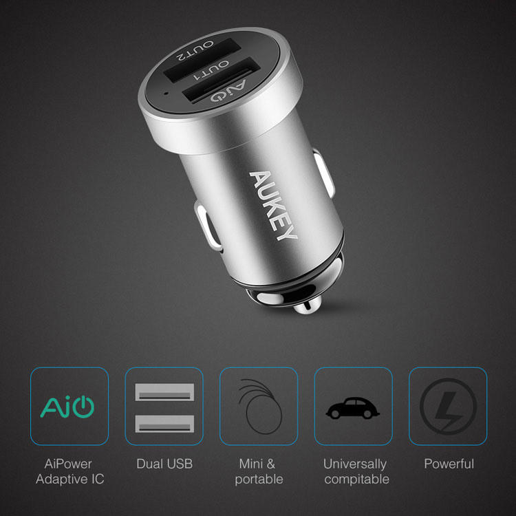 AUKEY CC-S7 Dual USB Car Charger Universal Mini Car-Charger 4.8A Fast Car Charger for iPhone Xiaomi Huawei Etc. - Grey-4