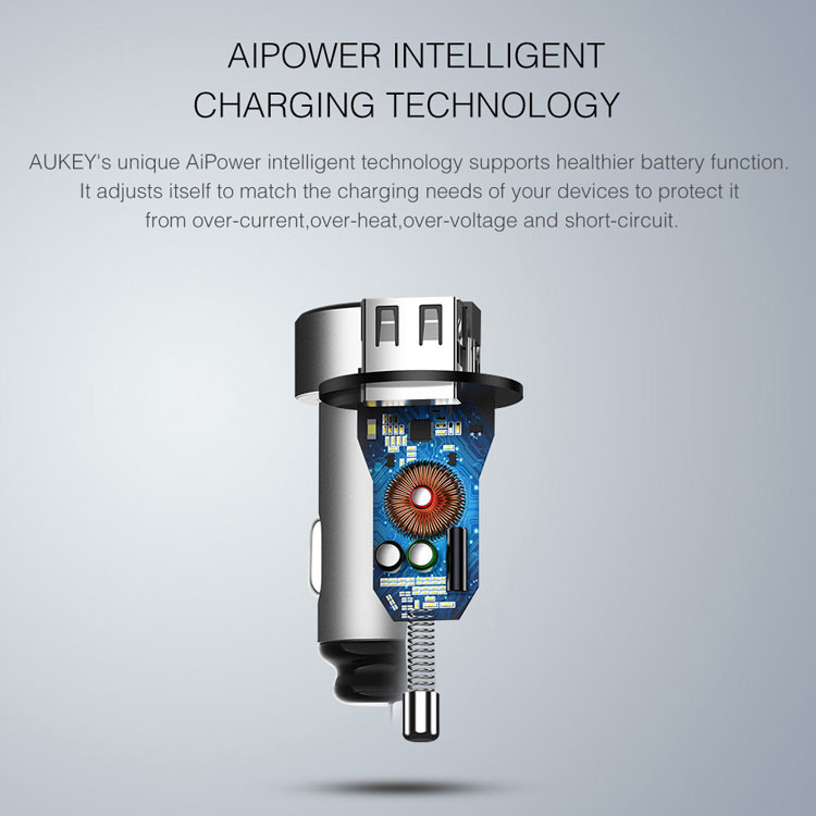 AUKEY CC-S7 Dual USB Car Charger Universal Mini Car-Charger 4.8A Fast Car Charger for iPhone Xiaomi Huawei Etc. - Grey-5