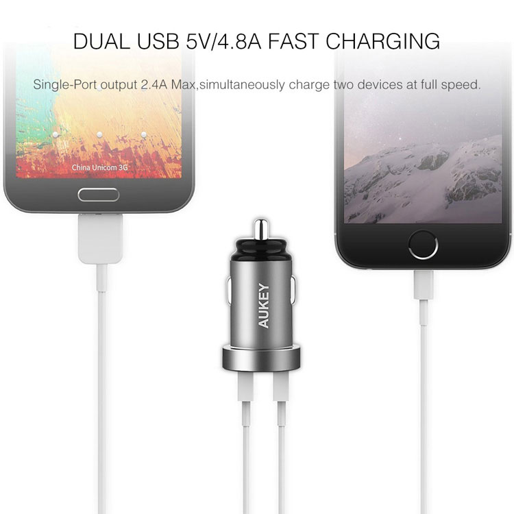AUKEY CC-S7 Dual USB Car Charger Universal Mini Car-Charger 4.8A Fast Car Charger for iPhone Xiaomi Huawei Etc. - Grey-8