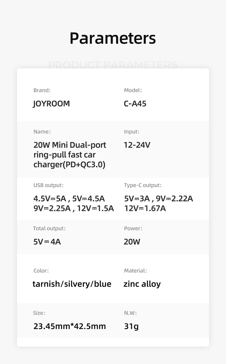 Joyroom C-A45 20W USB+Type-C Dual-port Ring-pull PD+QC3.0 Быстро Зарядка Мини-автомобильное Зарядное Устройство - Черный