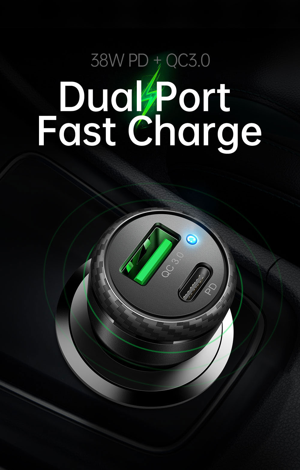 MCDODO CC-5970 MDD Dual Port Quick Charge Qc3.0 + pd 38W Charger de Voiture Adaptateur de Chargeur de Téléphone Mobile de Portage Rapide