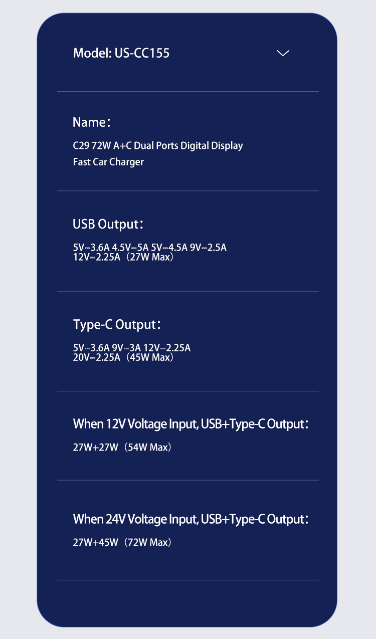 Швидке автозаряджання 72W Usams US-CC155 C29 1*USB-A 1*USB Type-C Light Gold з дисплеєм Автомобильный Черный Универсальное Адаптер
