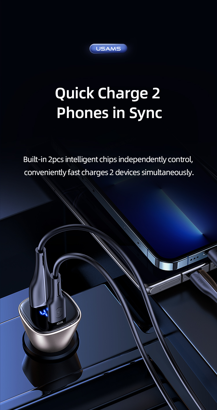 72W Usams US-CC155 C29 1*USB-A 1*USB Type-C Light Gold з дисплеєм Автомобильный Черный Универсальное Адаптер