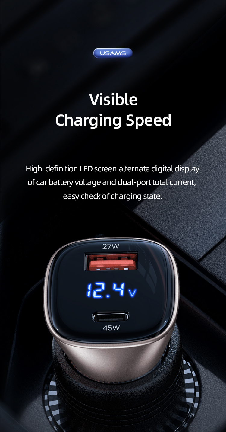 72W Usams US-CC155 C29 1*USB-A 1*USB Type-C Light Gold з дисплеєм Автомобильный Черный Универсальное Адаптер USB