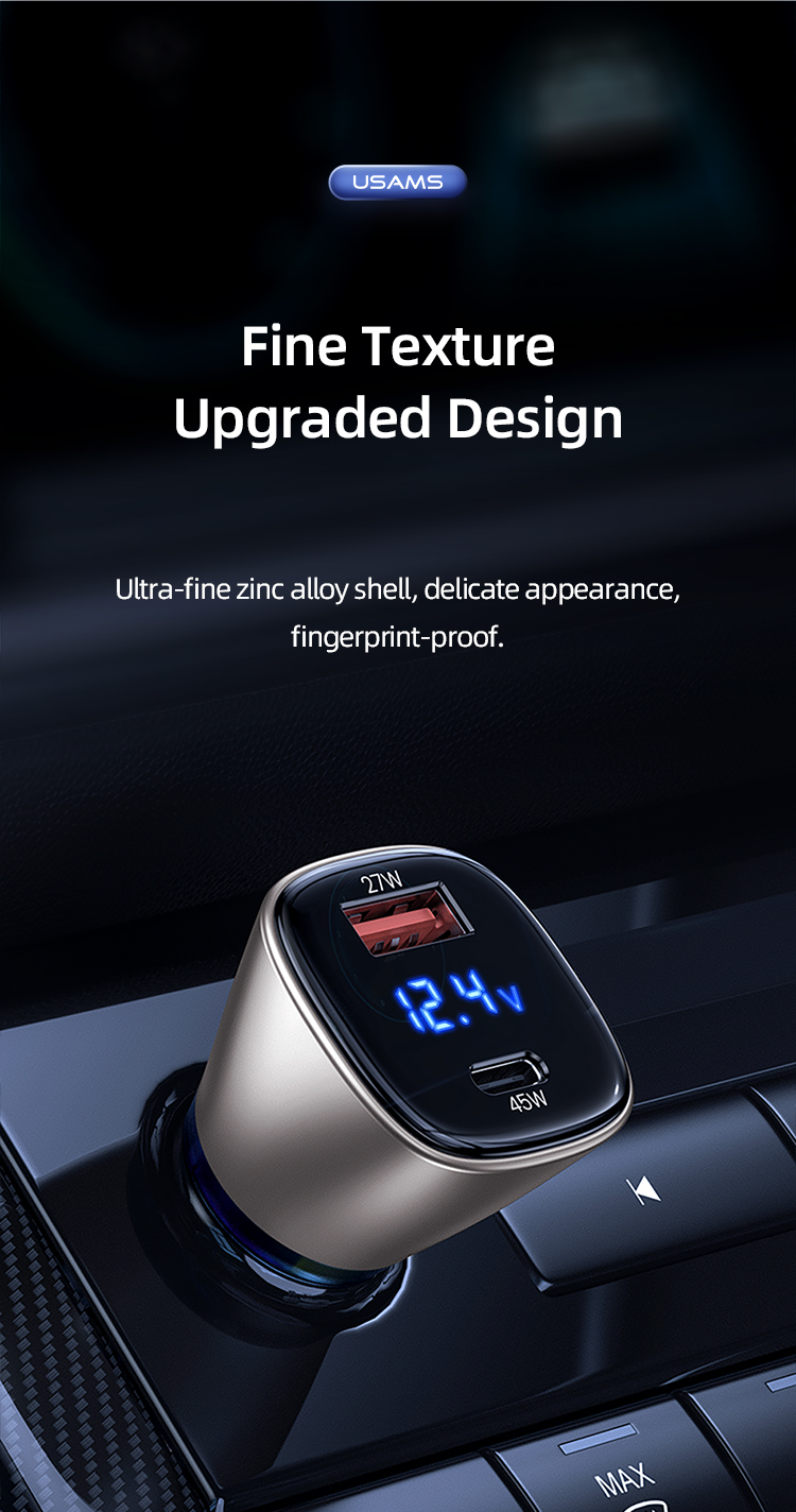 Швидке автозаряджання 72W Usams US-CC155 C29 1*USB-A 1*USB Type-C Light Gold з дисплеєм