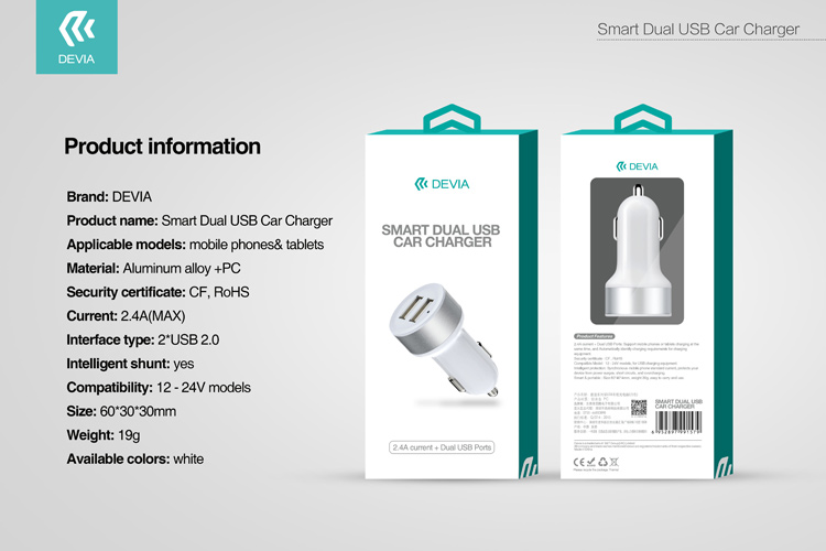 DEVIA Smart Dual USB Ports 2.4A Car Charger CE/RoHS for iPhone Samsung Sony-3