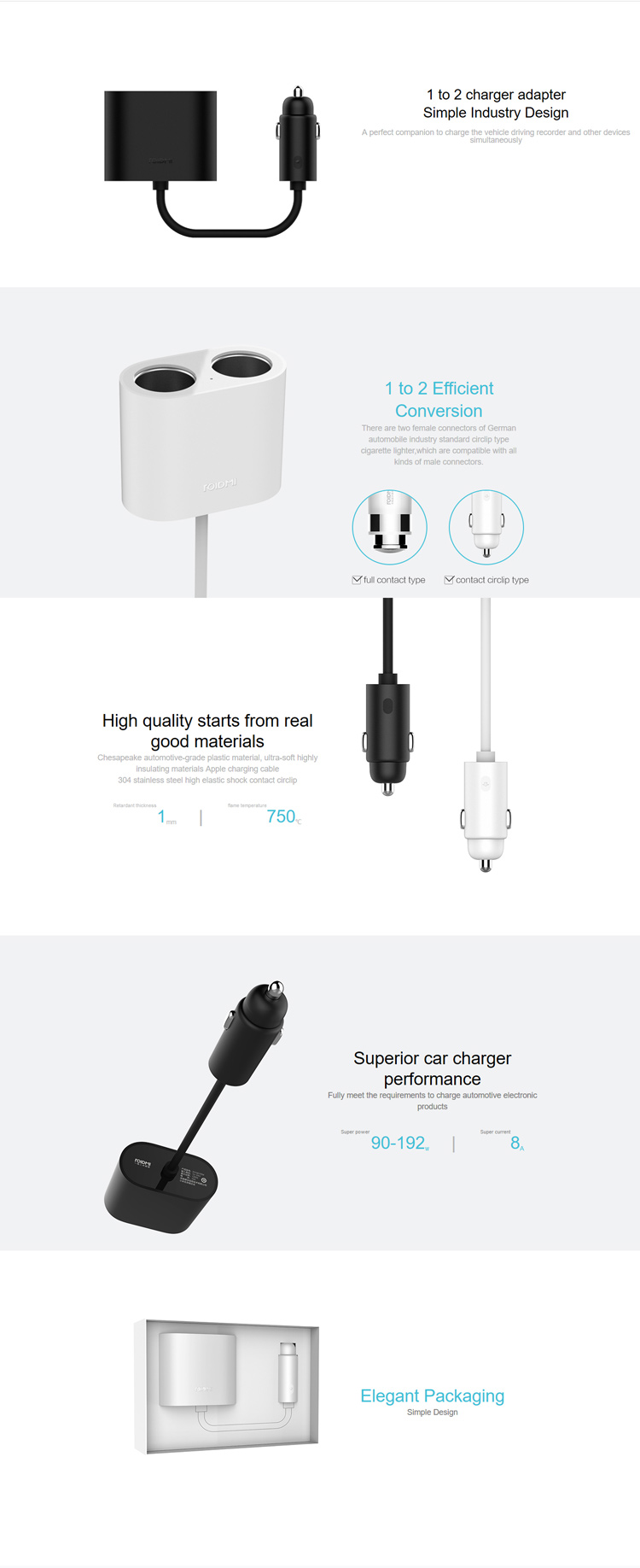 XIAOMI Roidmi 1-to-2 Dual Cigarette Lighter Splitter Car Charger Adapter, Cable Length: 10cm - White-2