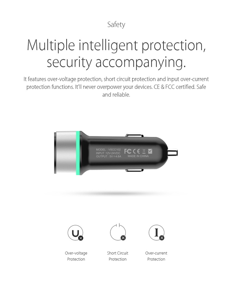 VINSIC MFI Certified 2.4A Car Charger with 1m Lightning 8Pin Cable for iPhone 7 Plus / 7-1