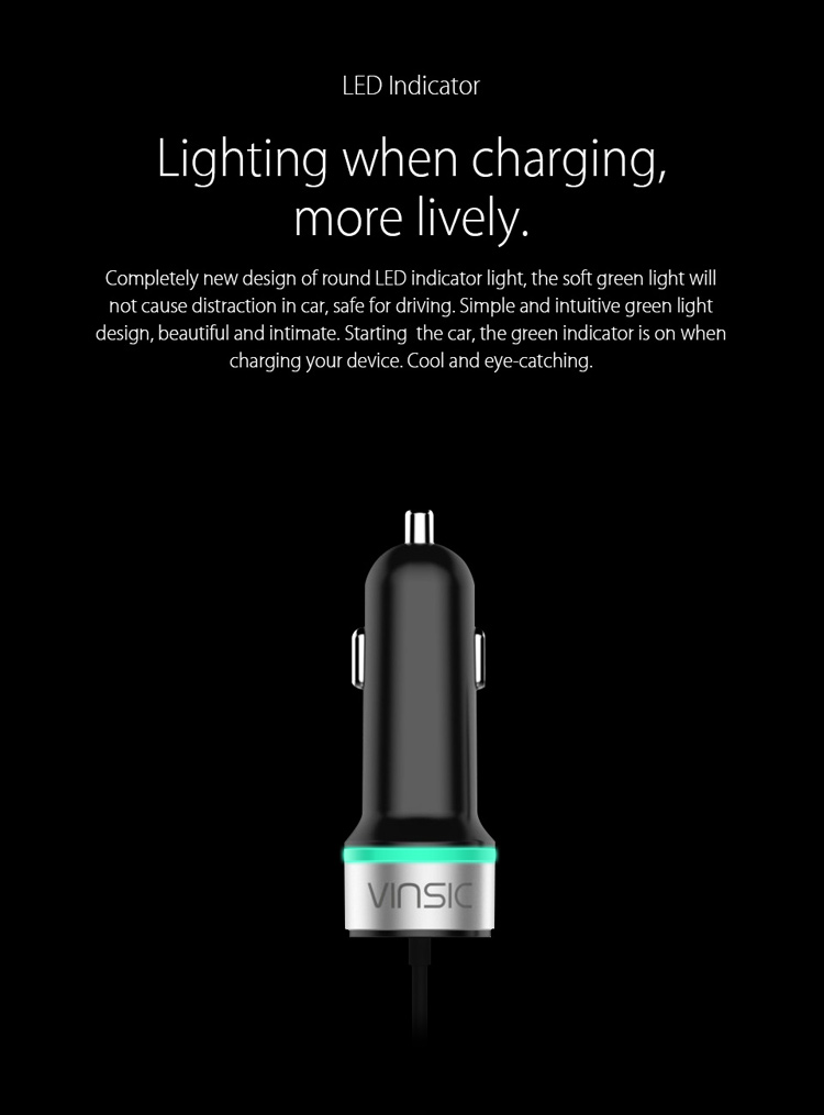 VINSIC MFI Certified 2.4A Car Charger with 1m Lightning 8Pin Cable for iPhone 7 Plus / 7-1
