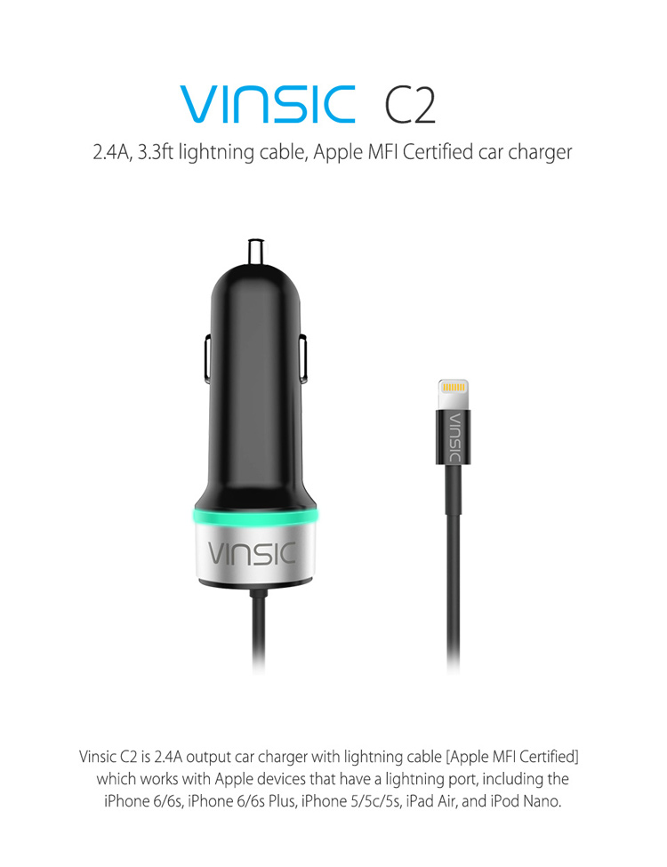 VINSIC MFI Certified 2.4A Car Charger with 1m Lightning 8Pin Cable for iPhone 7 Plus / 7-1