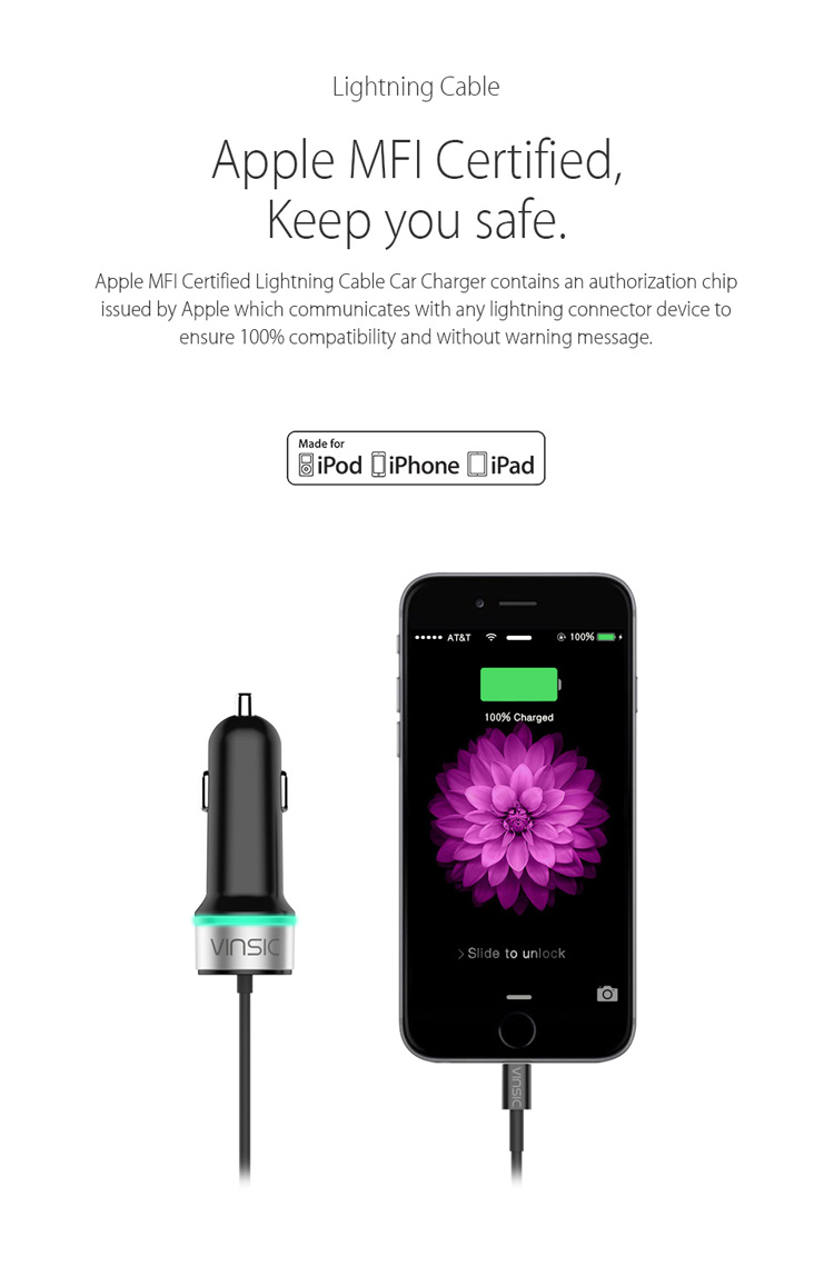 VINSIC MFI Certified 2.4A Car Charger with 1m Lightning 8Pin Cable for iPhone 7 Plus / 7-1