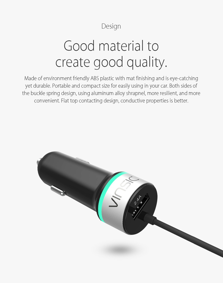 VINSIC MFI Certified 2.4A Car Charger with 1m Lightning 8Pin Cable for iPhone 7 Plus / 7-1
