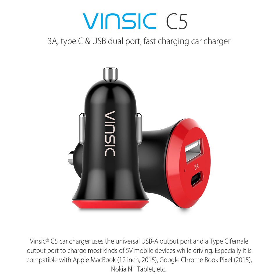 VINSIC VSCC205 Car Charger with Type C Output and USB A Output-1