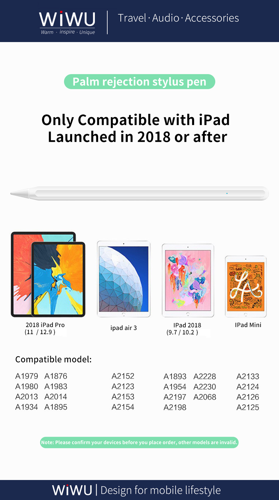 Wiwu Matita PRO 2 Palm Rifiuto Penna Stilo Con Funzione Di Inclinazione Per IPad 2018 O Successivi