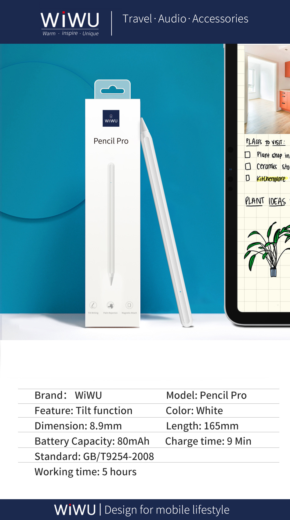 Pen-stylet Capacitif De Réjection De Paume Wiwu Pen 2 Avec Fonction D'inclinaison Pour IPad 2018 Ou Plus Tard