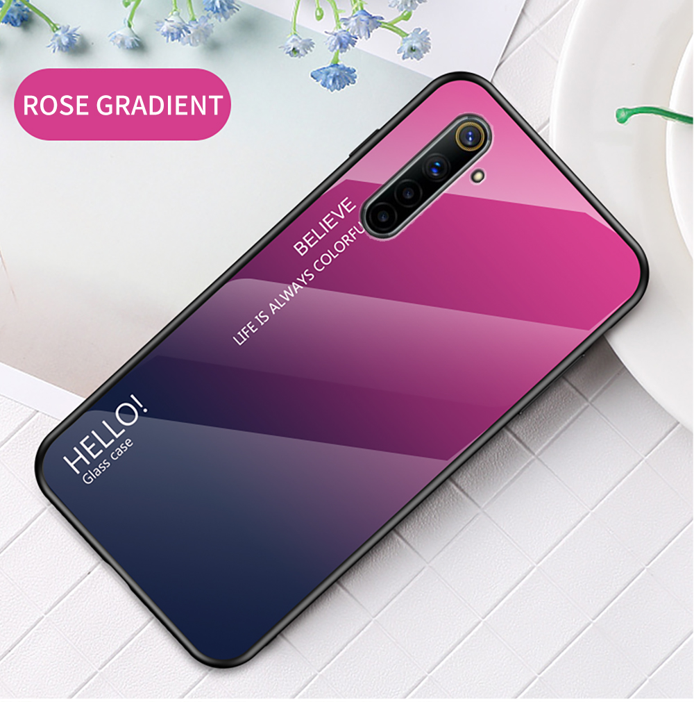 Colore Gradiente In Vetro Temperato + PC + Custodia Ibrida TPU Per RealMe 6 - Rosa / Ciano