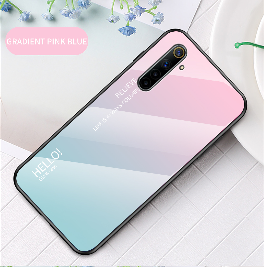 Colore Gradiente In Vetro Temperato + PC + Custodia Ibrida TPU Per RealMe 6 - Rosa / Ciano