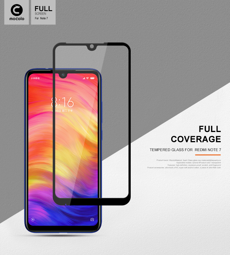 Impresión de Seda Mocolo Anti-explosión Vidrio Templado Escudo de Pantalla Completa [glue Completo] Para Xiaomi Redmi Note 7 / Nota 7 Pro (India) - Negro