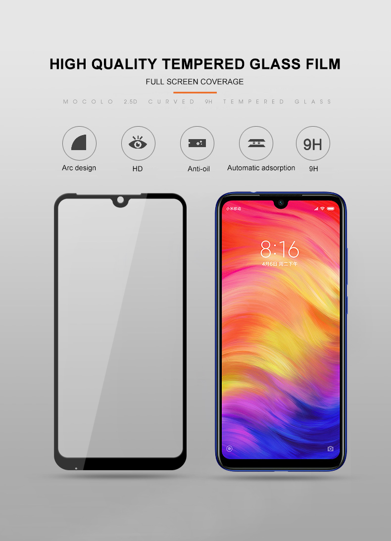 Impresión de Seda Mocolo Anti-explosión Vidrio Templado Escudo de Pantalla Completa [glue Completo] Para Xiaomi Redmi Note 7 / Nota 7 Pro (India) - Negro