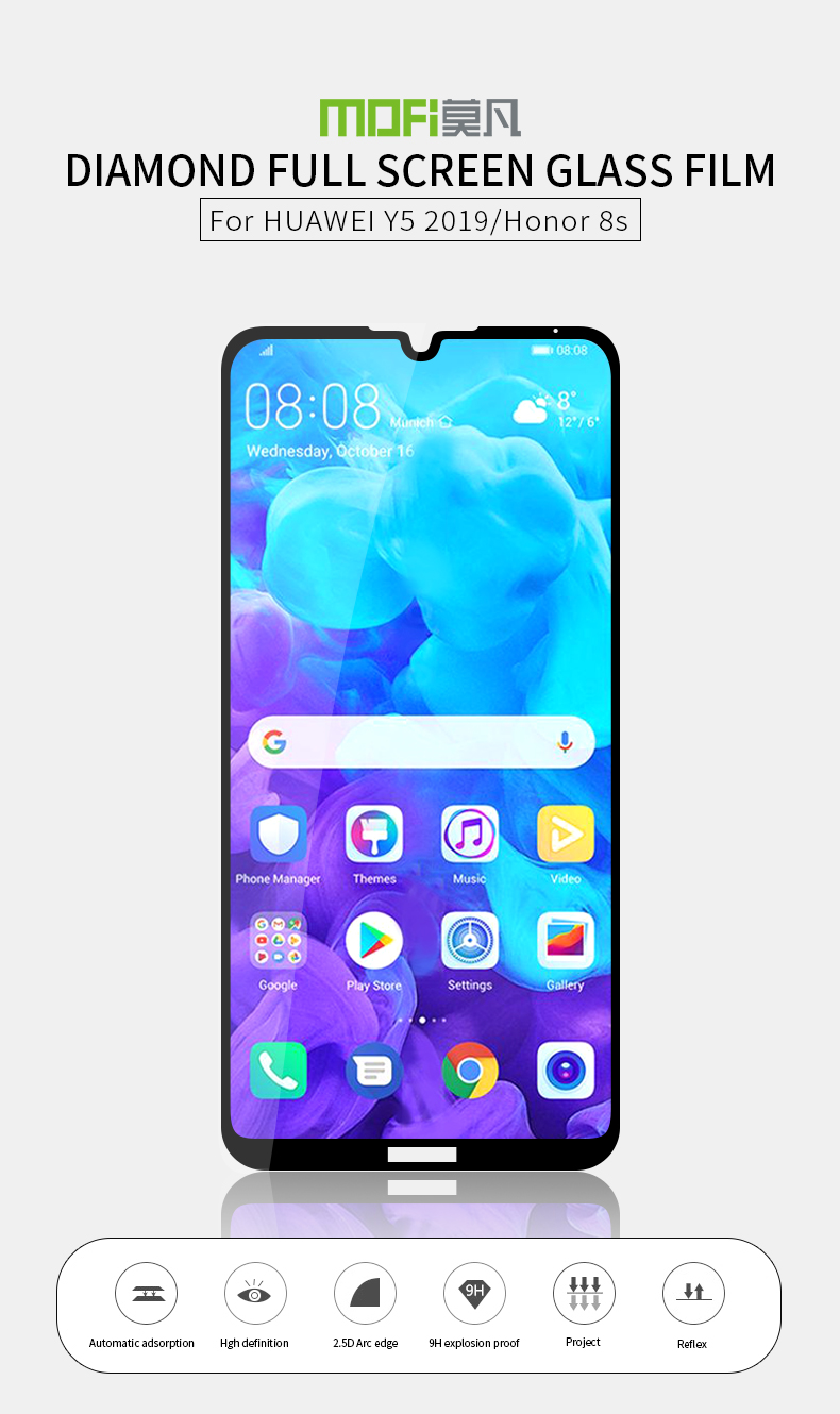 Protezione Schermo Full Coverage Di Vetro Temperato MOFI 2.5D Per Huawei Y5 (2019) / Onore 8s.