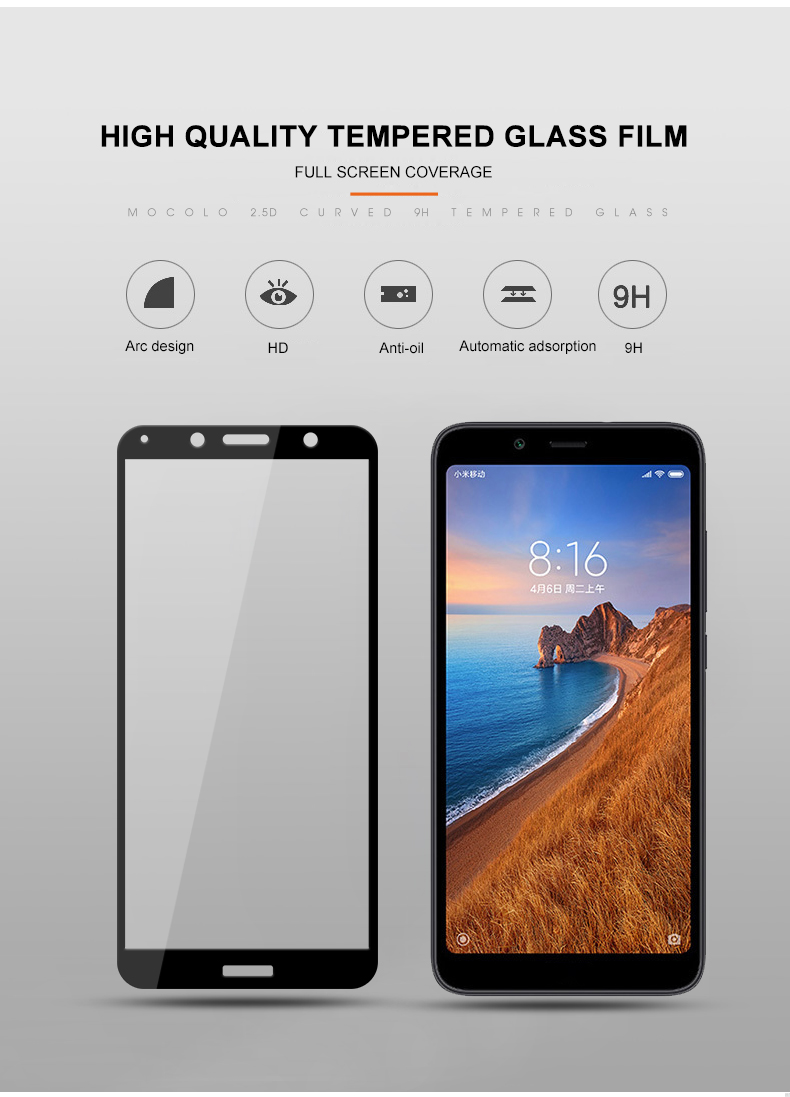 MOZOLO FULLER COVERAGE Full Kleber Seidedruck Temperiertes Glas Bildschirm Schutzfolie Für Xiaomi Redmi 7A - Schwarz