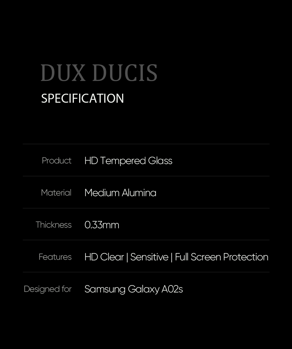 Dux Ducis Medium Allumina Temperad Glass Protector Film (9D) [MOQ: 10pcs] Per Samsung Galaxy A02S/A03S (164.2x75.9x9.1mm)